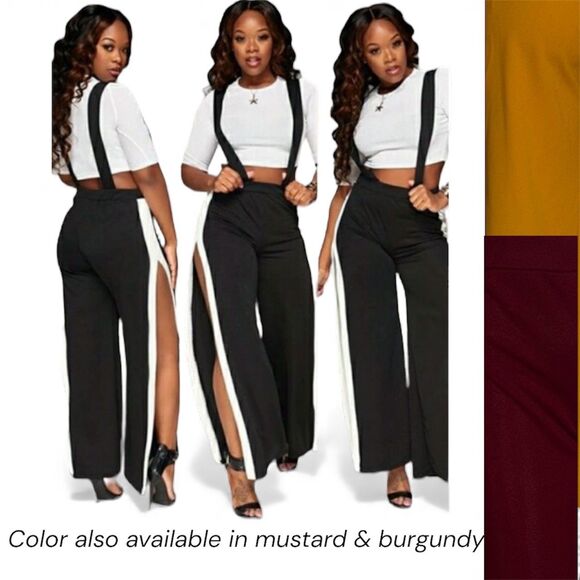 Pants - Women 2PC Set 3/4 Sleeve Crop Top Wide Leg Jumpsuit Outfit burgundy black mustar